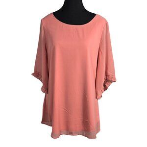 NWOT | Dusty Rose Sheer Ruffle Bell Sleeve Round Neck Blouse | Medium